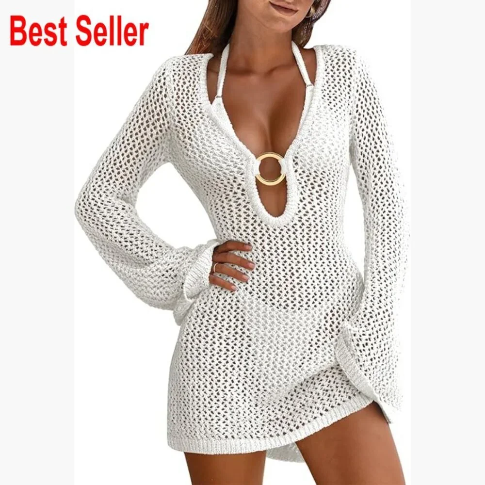 Acrylic Crochet Beach Cover Up Swimsuit Dress Hollow Out Mesh